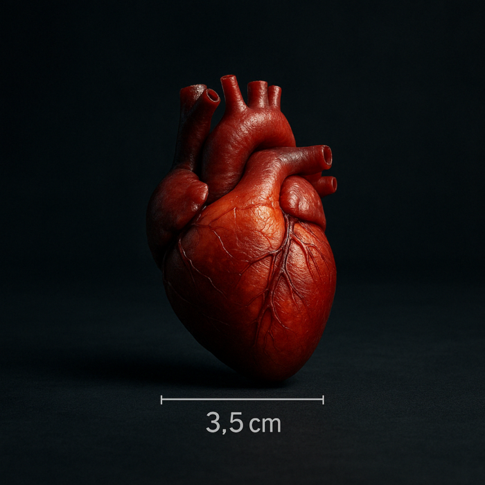  3.5cm 크기의 박동하는 인간 심장을 초현실적으로 표현한 디지털 이미지.